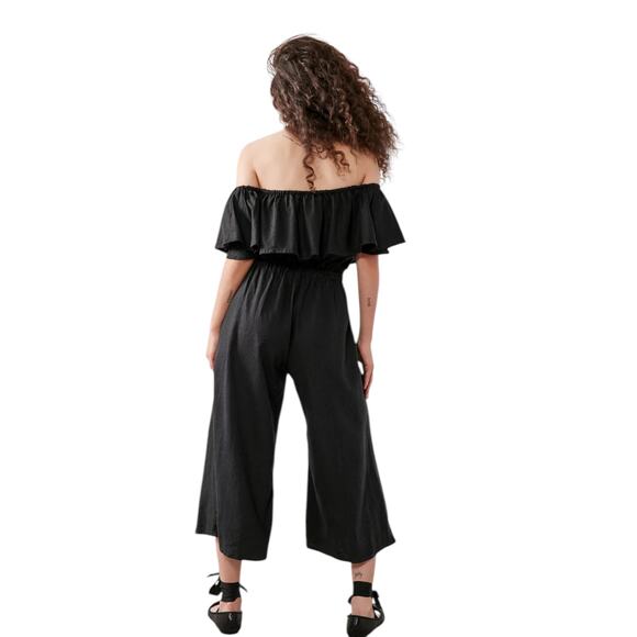 Faithfull The Brand Wide Leg Jumpsuit Sz US 4 Black Linen Ankle On Off Shoulder - Picture 15 of 15